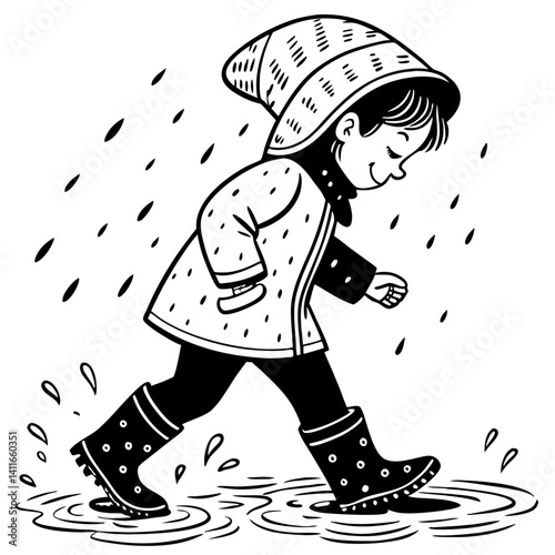 Joyful Child Splashing in Rain Puddles Wearing Raincoat and Rubber Boots