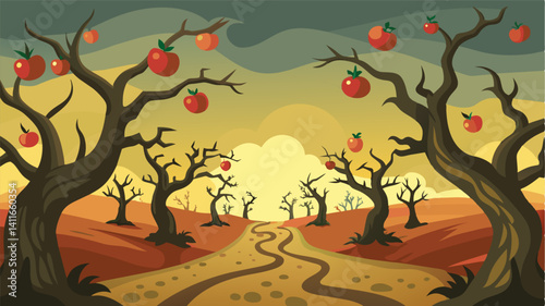 The gnarled apple trees with their twisted branches loom over the deserted orchard their once bountiful harvest now a distant memory.. Vector illustration