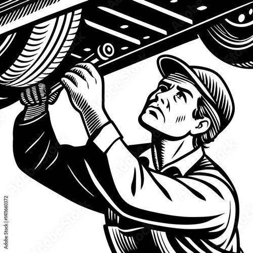 Mechanic Working Underneath Vehicle with Wrench for Auto Repair Illustration