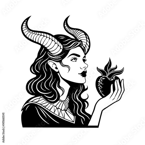 Enchanting Woman with Horns Holding Heart-Shaped Fruit in Gothic Style Illustration