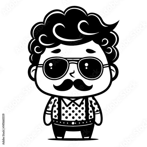 Charming Retro Cartoon Character with Curly Hair Sunglasses and Polka Dot Sweater Design