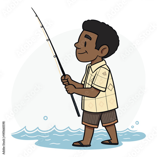 Joyful Young Boy Fishing at the Shoreline in Tropical Waters with Fishing Rod