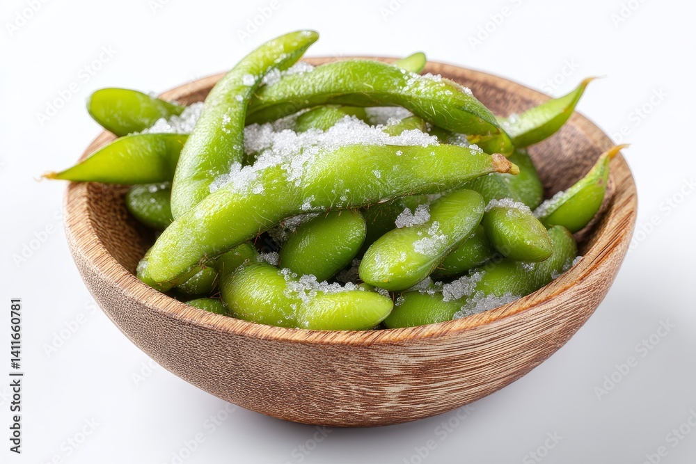 Fresh Edamame Beans Sprinkled with Sea Salt in a Wooden Bowl Perfect for Healthy Snacks or Gourmet Recipes on a Light Background Fresh Edamame Beans Sprinkled with Sea Salt in a Wooden Bowl Perfect for Healthy Snacks or Gourmet Recipes on a Light Background