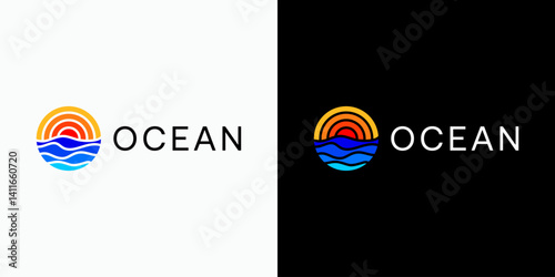 Vector logo design of ocean wave and sun shape with modern, simple, clean and abstract style. Icon for business, and personal branding.