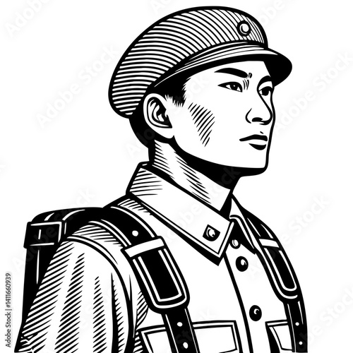 Military Soldier Portrait in Uniform with Cap and Equipment for History and Art Projects