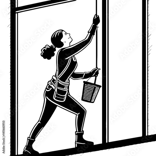 Window Cleaner Silhouette Woman Balancing on Ledge with Bucket for Cleaning Services Illustration