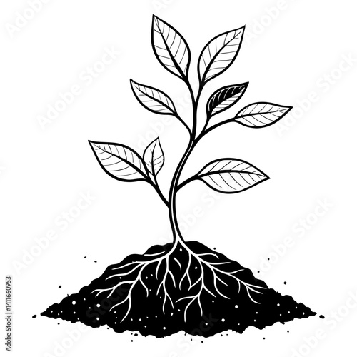Elegant Plant Growth Illustration with Roots and Leaves for Eco-Friendly Designs