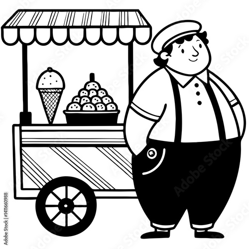 Charming Vintage Ice Cream Vendor with Cart and Delicious Treats in Black and White Outline