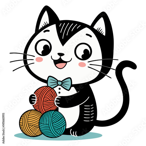 Cute Cat Character Playing with Colorful Yarn Balls Ideal for Kids Illustrations and Designs