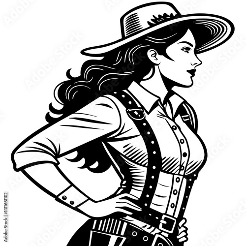 Confident Cowgirl Illustration with Detailed Western Attire Perfect for Tattoo and Coloring Designs