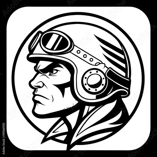 Vintage Aviator Portrait with Helmet and Goggles for Cabin Decor or Tattoo Design