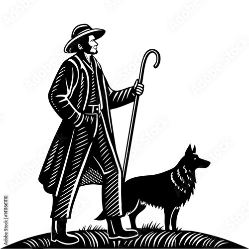 Rustic Shepherd with Dog in Nature Illustration for Tattoos and Rustic Decor