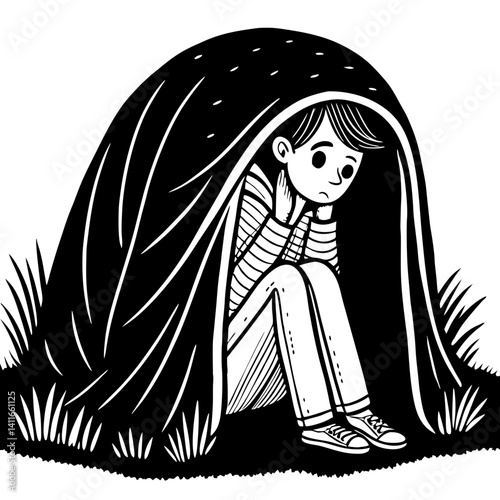 Child Sitting in Shelter Illustrating Feelings of Sadness and Isolation for Artistic Projects