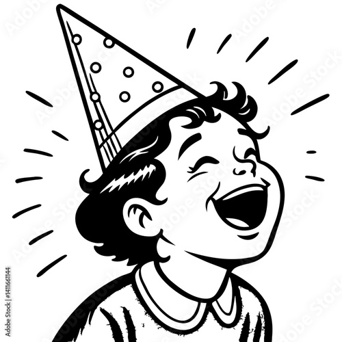 Happy Child with Party Hat Celebrating Birthday Joyful Laughter Vector Illustration