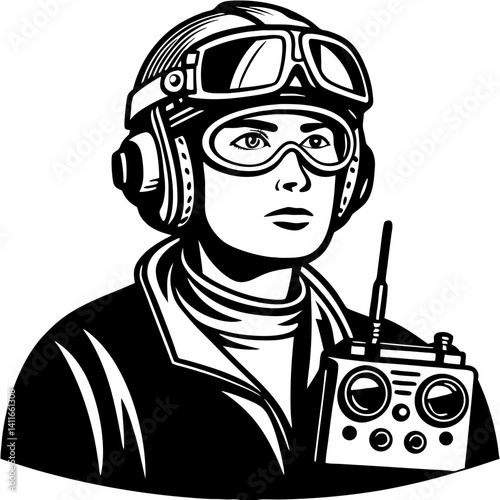 Vintage Aeronautical Portrait of Female Pilot with Goggles and Radio Control Device