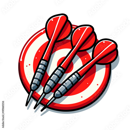 Red darts with metal tips on round target board. Ideal for game equipment, competitive sports, and recreational activity illustrations.