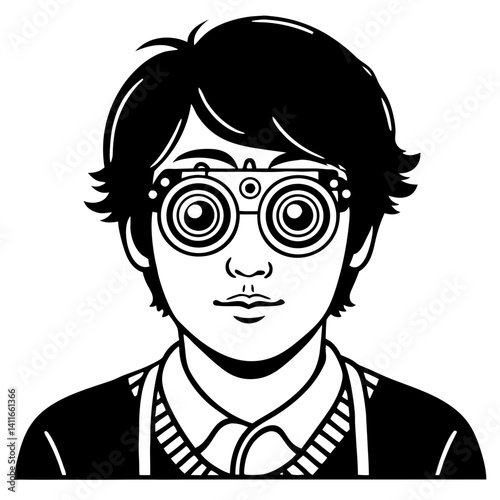 Boy Wearing Unique Optical Glasses with Circular Lenses for Science and Education Themes
