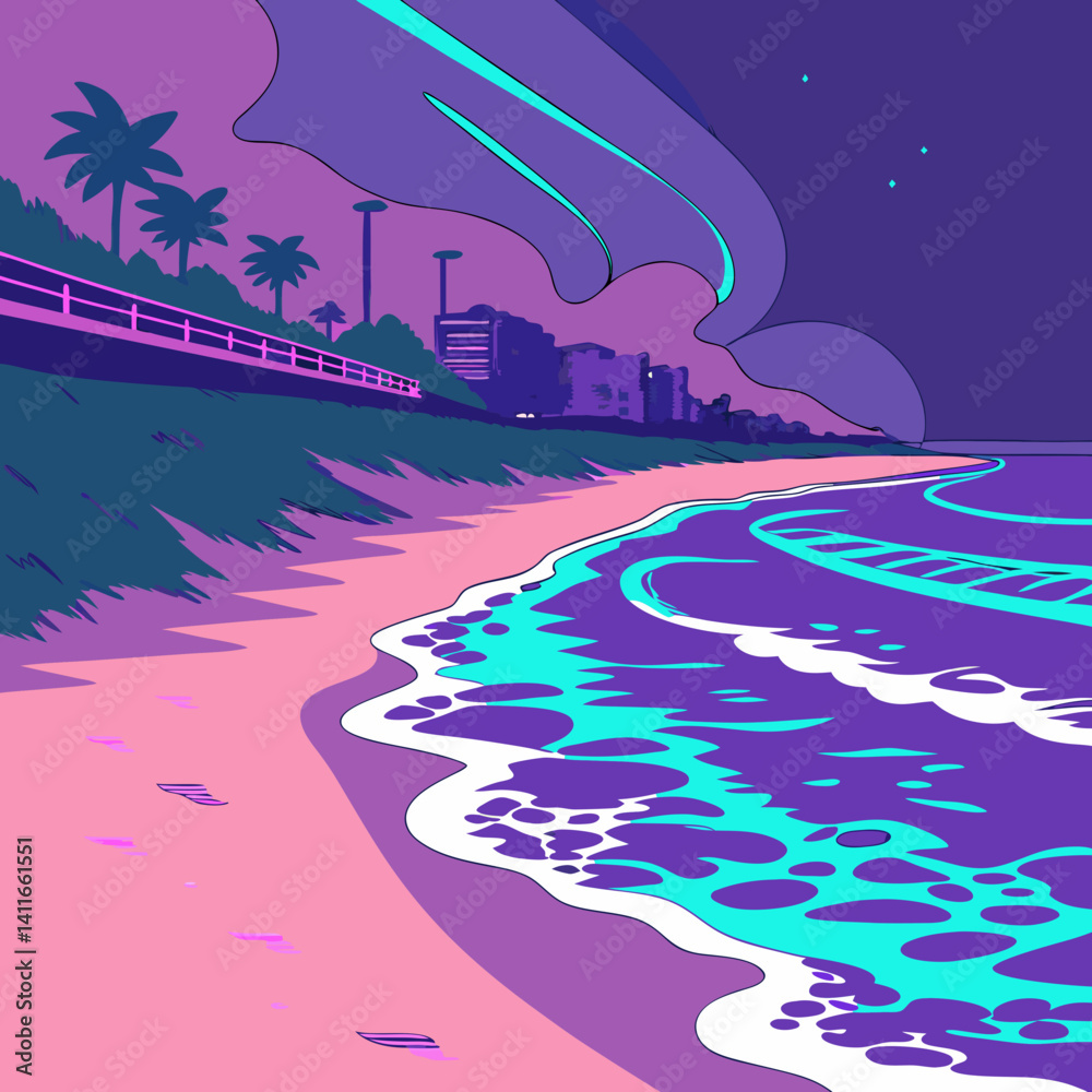 Naklejka premium A futuristic beach with neon waves crashing on the shore