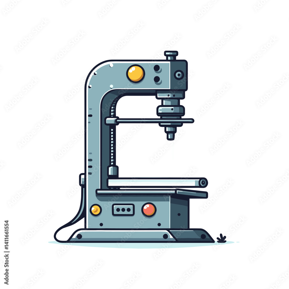 Fototapeta premium Industrial drill press machine in gray color. Essential for workshop equipment, metalworking tools, and manufacturing process illustrations.