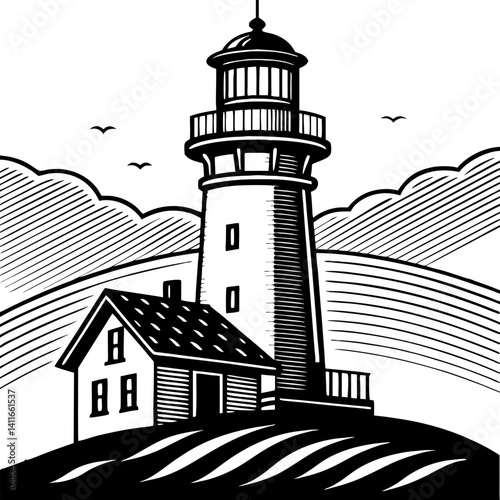 Architectural Lighthouse and House Design for Nautical Decor and Coloring Pages