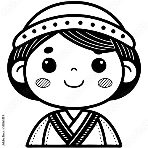 Cute Asian Child Character in Traditional Costume for Coloring Book and Tattoo Design