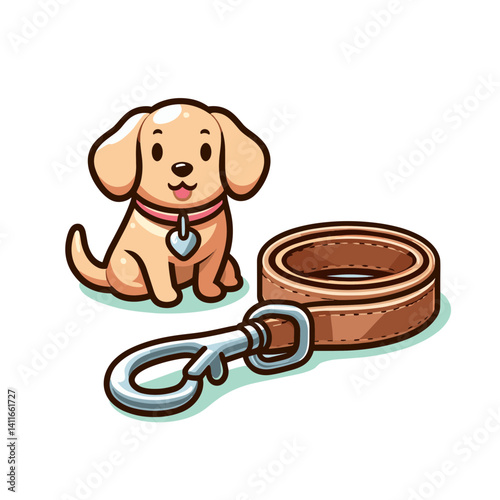 Puppy with brown leather leash and collar. Perfect for pet supplies marketing, dog walking services, and animal care educational materials.