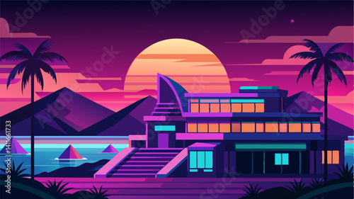As the sun sets the resorts eVTOLs light up with a neon glow adding to the futuristic atmosphere of the urban beach resort.. Vector illustration