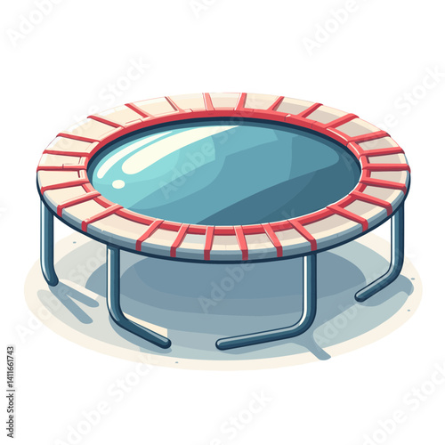 Trampoline with red and white safety padding. Perfect for outdoor play equipment, family recreation facilities, and backyard fun activities.