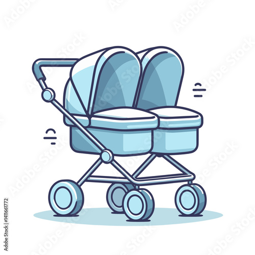 Vector illustration of blue baby stroller with canopy, ideal for newborn essentials and parenting product marketing