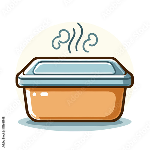 Food container with steam in beige and blue colors. Perfect for meal prep, leftovers storage or lunch box concept illustrations.