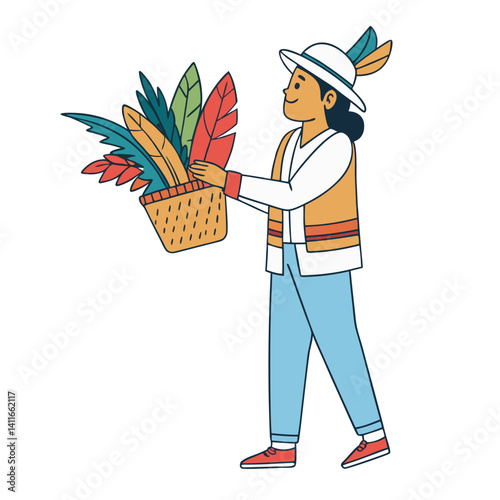 Indigenous Person Carrying Basket of Colorful Feathers Traditional Cultural Representation