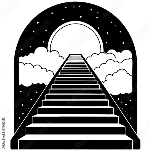 Stairs Leading to a Bright Moon in a Starry Sky with Clouds Symbolizing Ascension