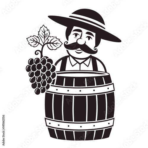 Grapevine Farmer with Barrel and Grapes Vintage Style Illustration for Labels and Decor