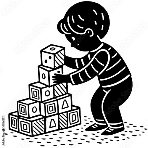 Child Building Tower with Colorful Blocks for Creative Play and Educational Activities