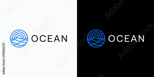 Ocean wave and sun line vector logo design with modern, simple, clean and abstract style. Icon for business, and personal branding.