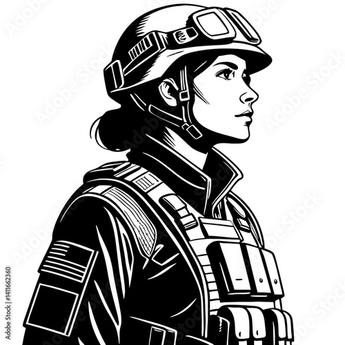 Female Soldier Profile Vector Art for Military Themes and Tattoo Designs