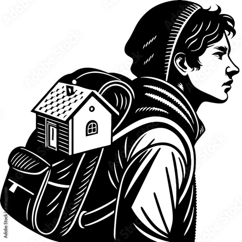 Youthful Traveler Carrying Home Symbolism on Backpack Representing Journey and Adventure