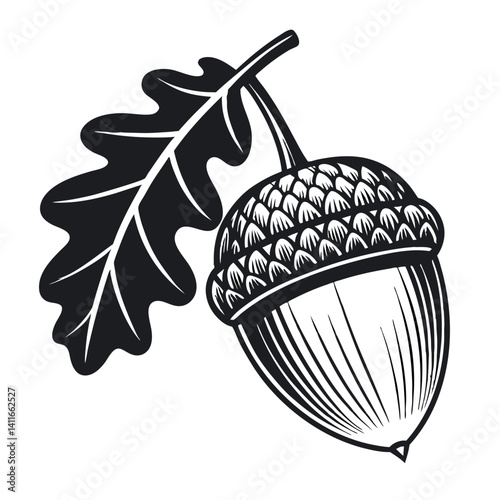 Detailed Acorn with Leaf Illustration Ideal for Nature Inspired Tattoo and Coloring Book Designs