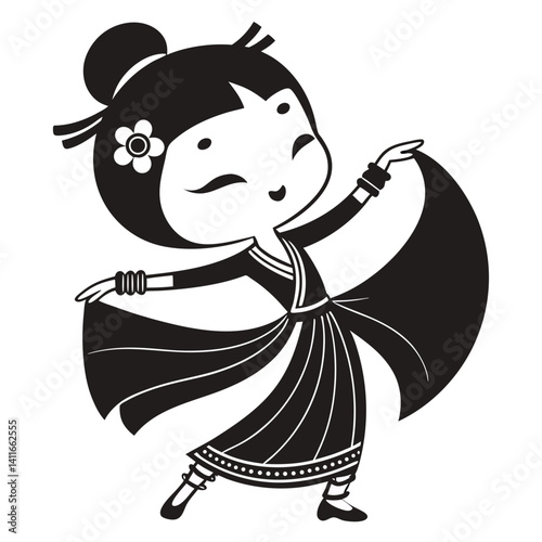 Charming Vector Girl in Traditional Dress Dancing with Joyful Expression for Kids Coloring Book