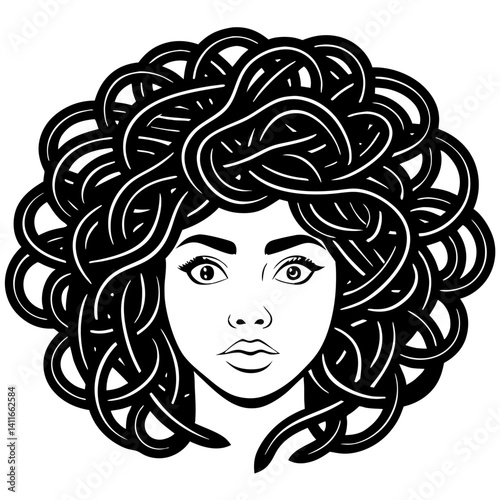 Intricate Black and White Illustrative Portrait of a Woman with Curly Hair for Tattoo Design