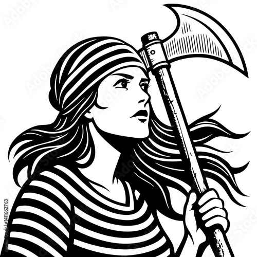 Bold Fearless Pirate Woman Wearing Striped Shirt Holding Axe Ready for Adventure