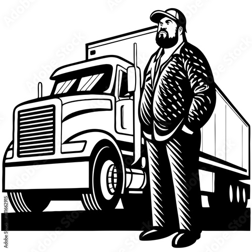 Strong Truck Driver Wearing Jacket Standing Beside Big Rig Truck Illustrating Hauling Industry