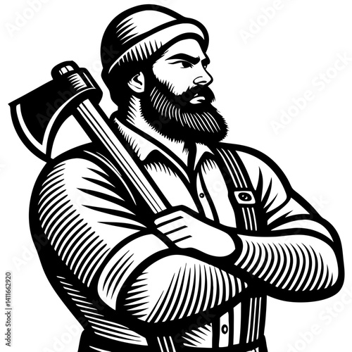 Bold Lumberjack Strongman Holding Axe in Classic Vintage Style Illustration