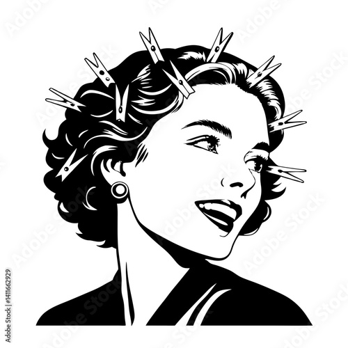 Vintage Hair Styling Illustration of Joyful Woman with Curlers and Bobby Pins