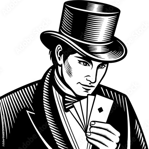 Vintage Magician Holding Playing Cards in Classic Suit and Top Hat for Creative Projects