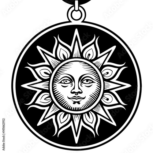 Sun Pendant Design with Radiant Sun Face and Elaborate Sun Rays for Jewelry and Art Projects
