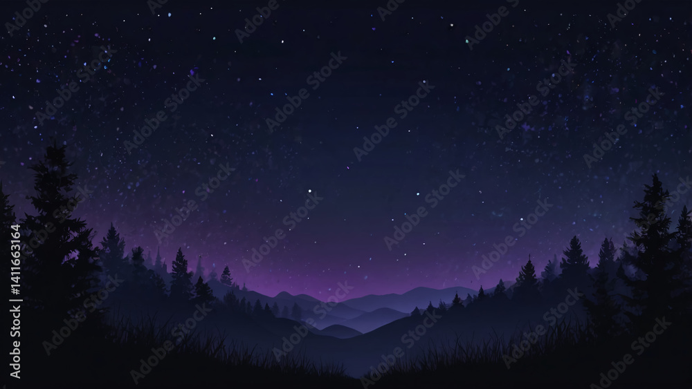 purple gradient with night sky and stars over mountains, gradient background image