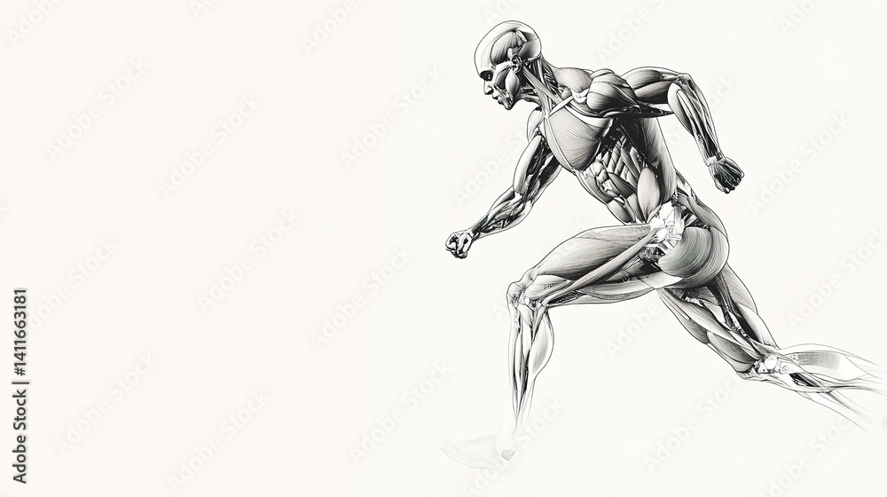 Muscular human anatomy in dynamic running pose Muscular human anatomy in dynamic running pose