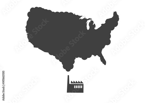 A dark silhouette of the United States map is formed by smoke rising from several factories below, emphasizing pollution and the environmental impact of planned use of coal power across the country.
