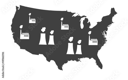 A stylized map of the United States features industrial symbols with smoke stacks emitting pollution, highlighting the impact of panned many power plants and environmental concerns across the country.